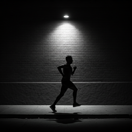 Corredor urbano nocturno corriendo por una calle iluminada en alto contraste.